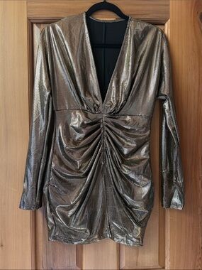 Metallic Bronze Ruched V-Neck Long Sleeve Mini Dress